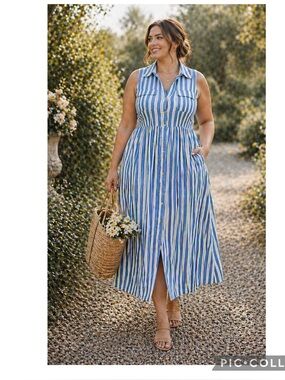 AVA & VIV RAYON BLUE STRIPE BUTTON DOWN SLEEVELESS POCKETS MIDI DRESS